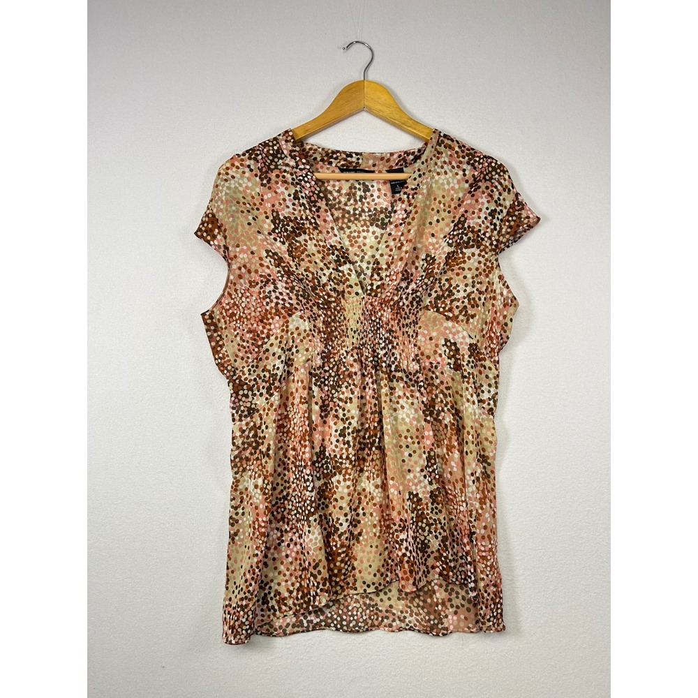 Boho New York & Company Womens Large Brown Pink Dot‎ Smocked Empire Waist Blouse